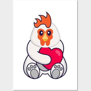 Cute chicken holding a big red heart. Posters and Art